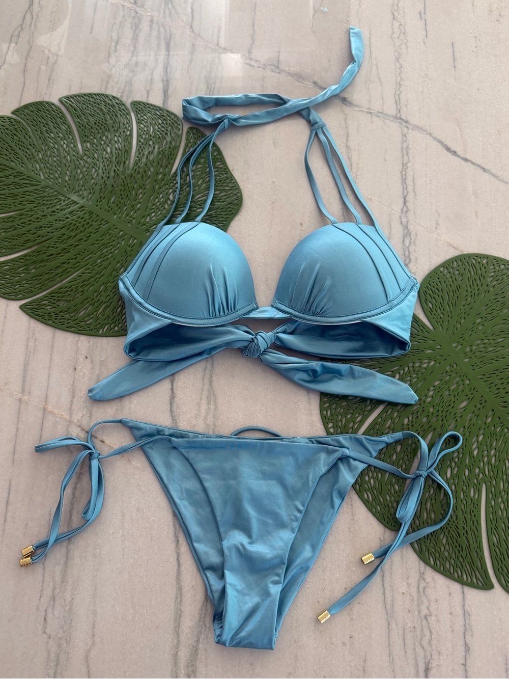 Beach Bunny Light Blue Push-Up Tie-Back Halter Bikini Set